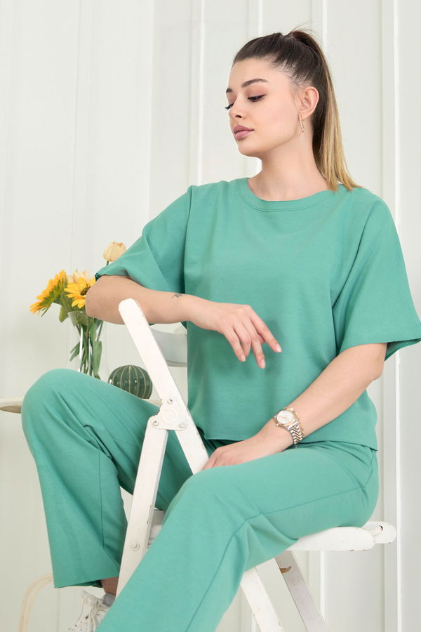 Düz Bisiklet Yaka Kadın Yeşil Bluz+Pantolon - 22505