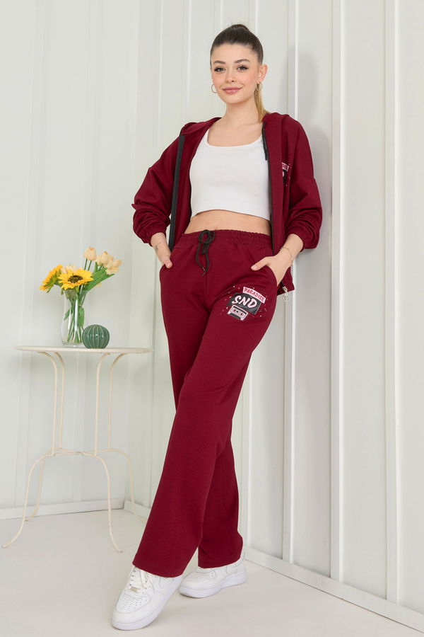 Düz Kapşonlu Yaka Kadın Bordo Eşofman Takımı - 22496