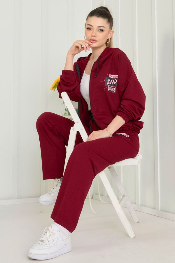Düz Kapşonlu Yaka Kadın Bordo Eşofman Takımı - 22496
