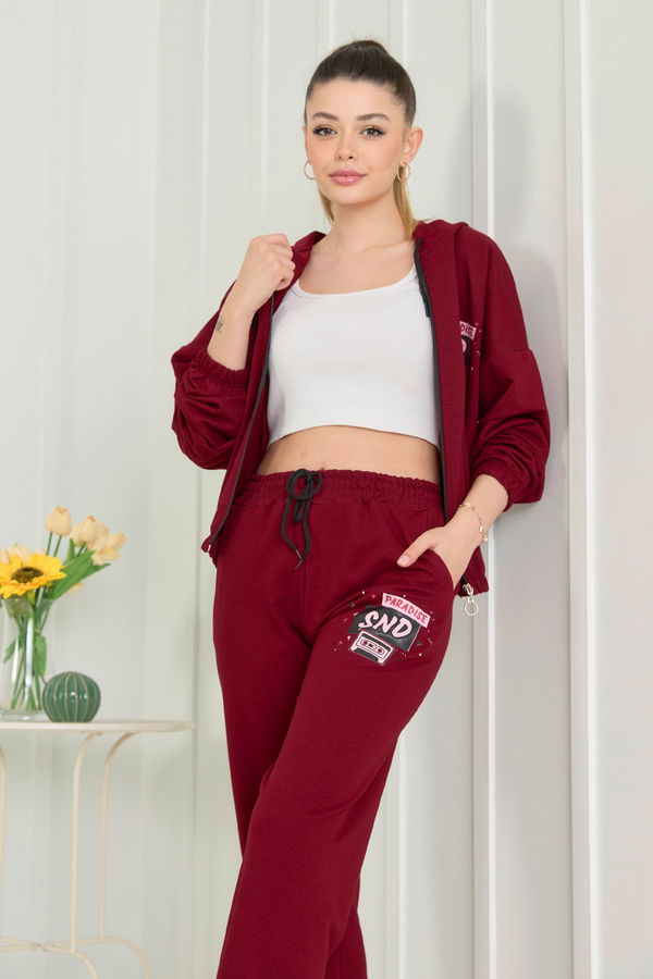 Düz Kapşonlu Yaka Kadın Bordo Eşofman Takımı - 22496