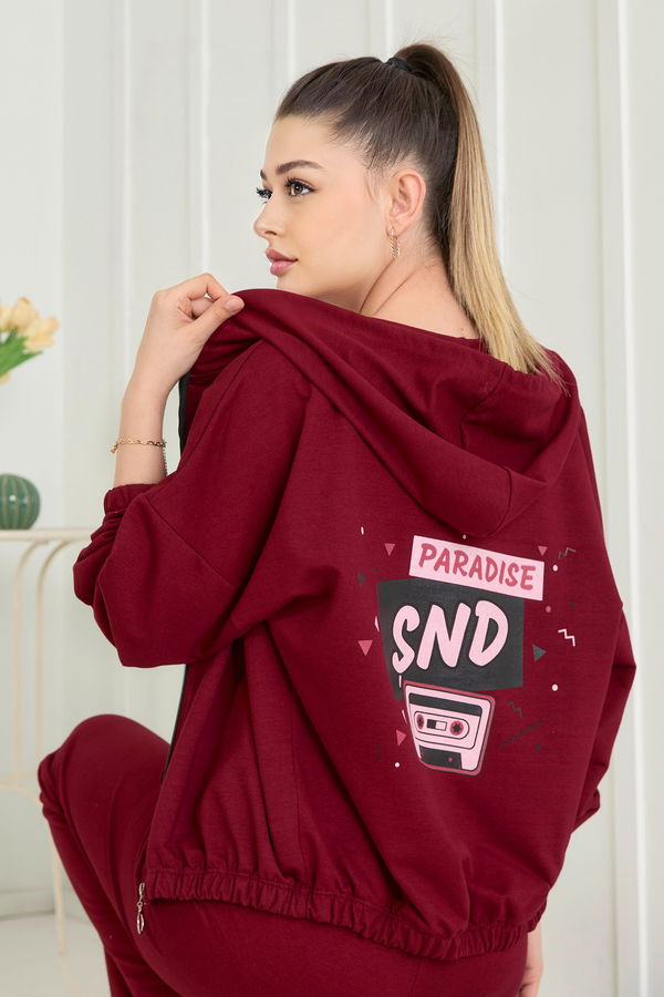 Düz Kapşonlu Yaka Kadın Bordo Eşofman Takımı - 22496