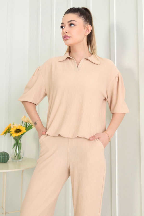 Düz Gömlek Yaka Kadın Bej Bluz Pantolon - 22537