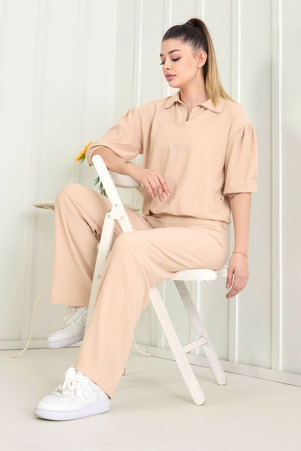Düz Gömlek Yaka Kadın Bej Bluz Pantolon - 22537