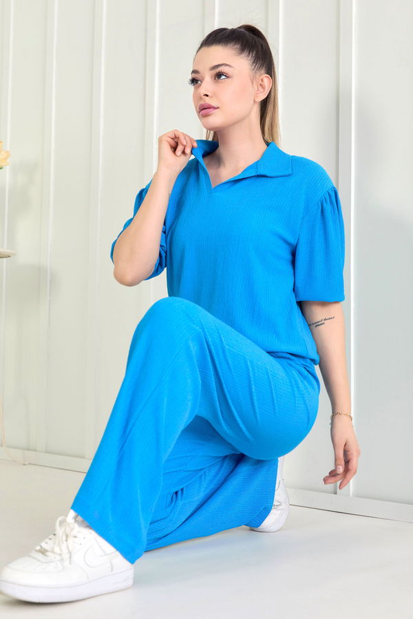 Düz Gömlek Yaka Kadın Mavi Bluz Pantolon - 22537