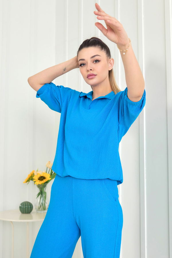 Düz Gömlek Yaka Kadın Mavi Bluz Pantolon - 22537