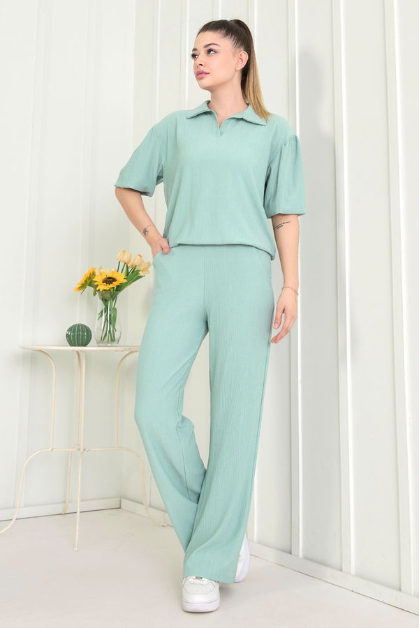 Düz Gömlek Yaka Kadın Yeşil Bluz Pantolon - 22537