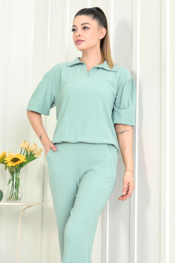 Düz Gömlek Yaka Kadın Yeşil Bluz Pantolon - 22537