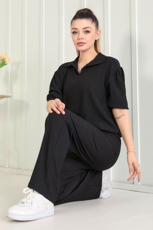 Düz Gömlek Yaka Kadın Siyah Bluz Pantolon - 22537