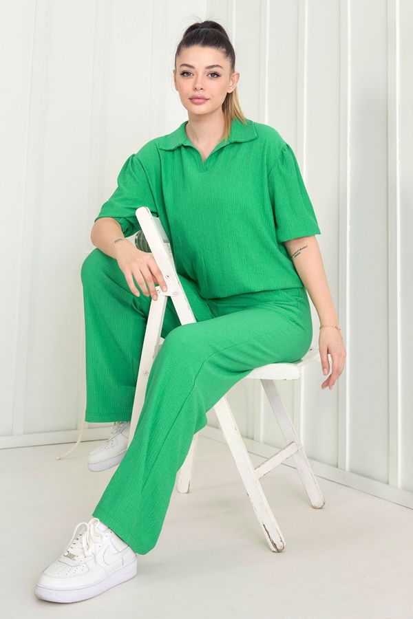Düz Gömlek Yaka Kadın Yeşil Bluz Pantolon - 22537