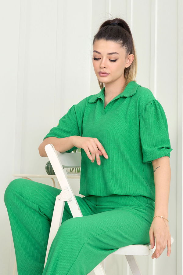 Düz Gömlek Yaka Kadın Yeşil Bluz Pantolon - 22537