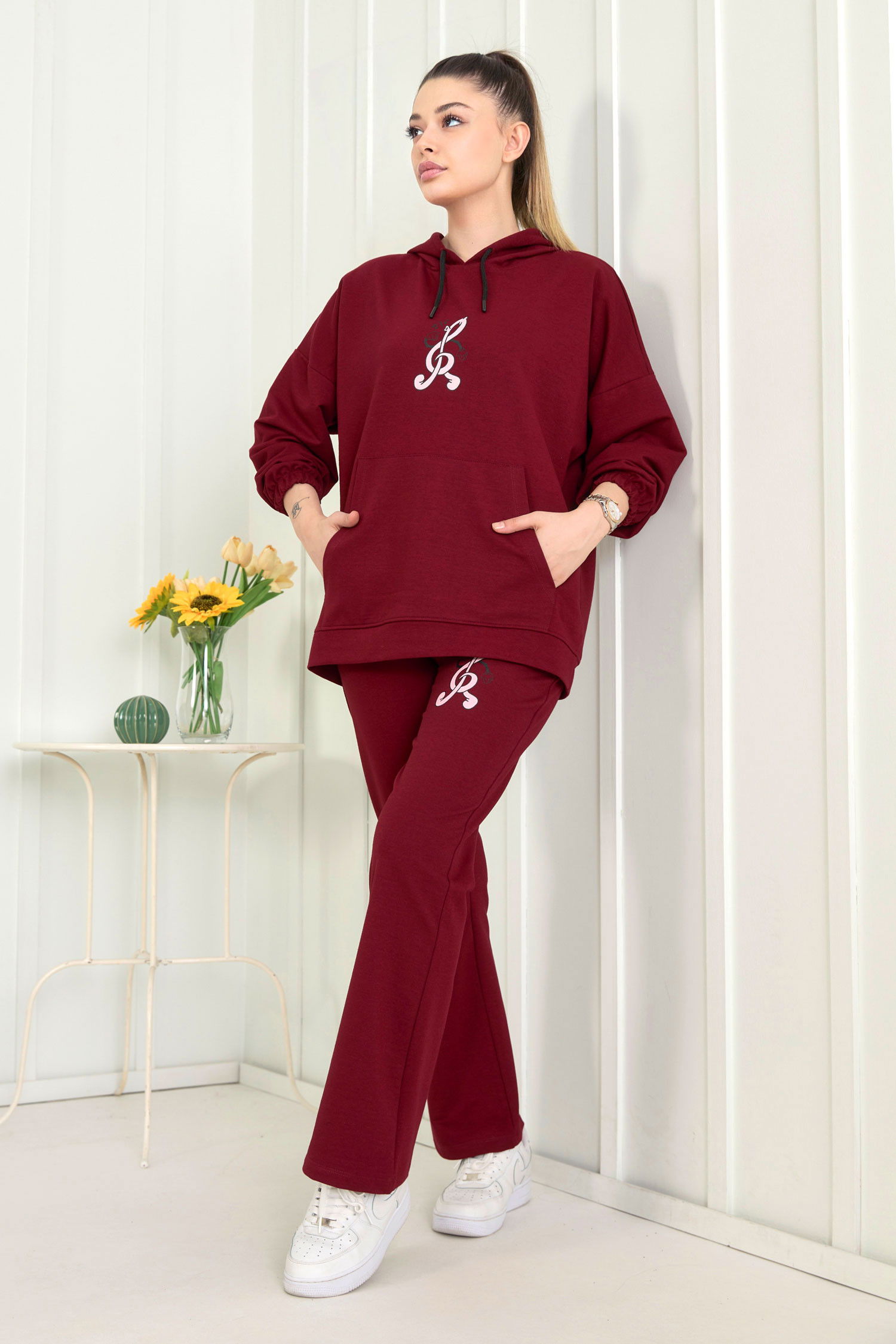 Düz Kapşonlu Yaka Kadın Bordo Eşofman Takımı - 22548