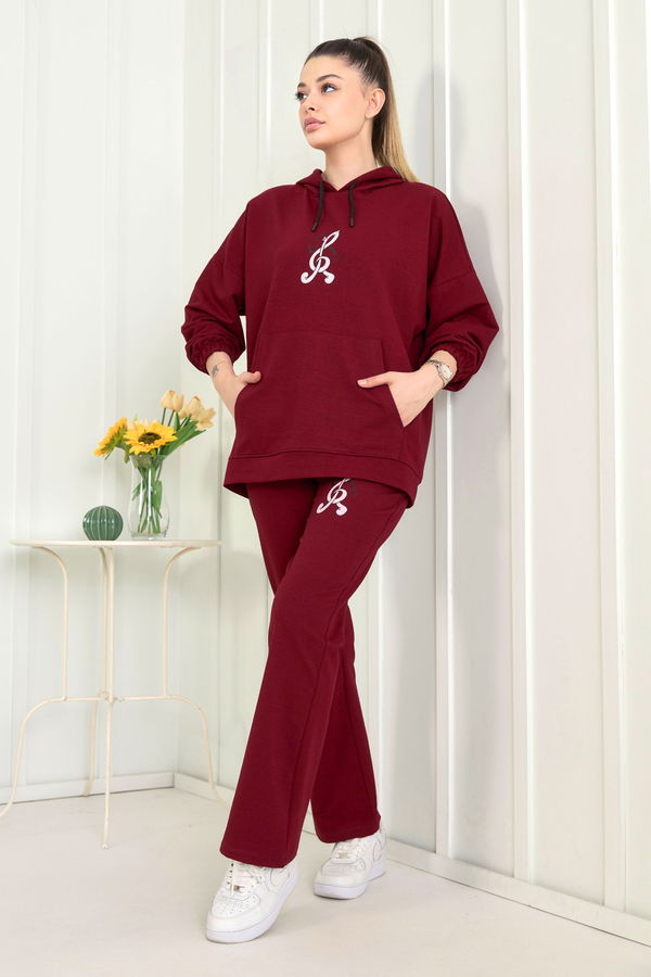 Düz Kapşonlu Yaka Kadın Bordo Eşofman Takımı - 22548
