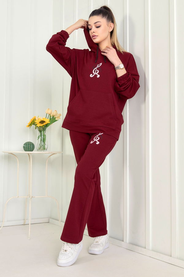Düz Kapşonlu Yaka Kadın Bordo Eşofman Takımı - 22548
