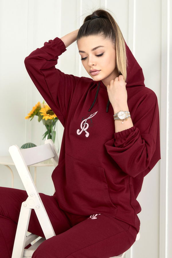 Düz Kapşonlu Yaka Kadın Bordo Eşofman Takımı - 22548