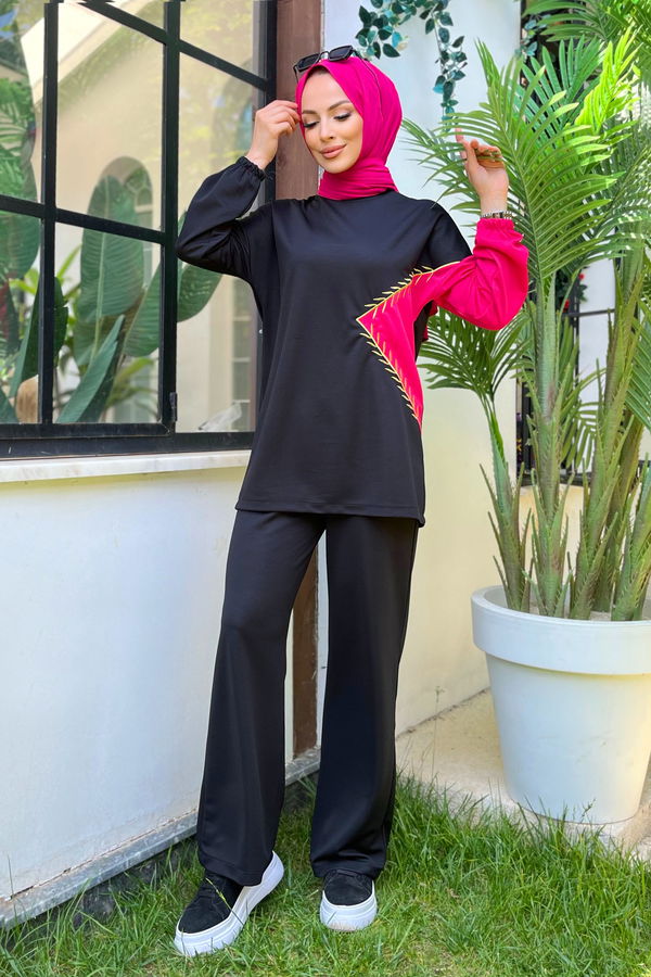 Düz Bisiklet Yaka Kadın Fuşya Tunik+Pantolon - 11480