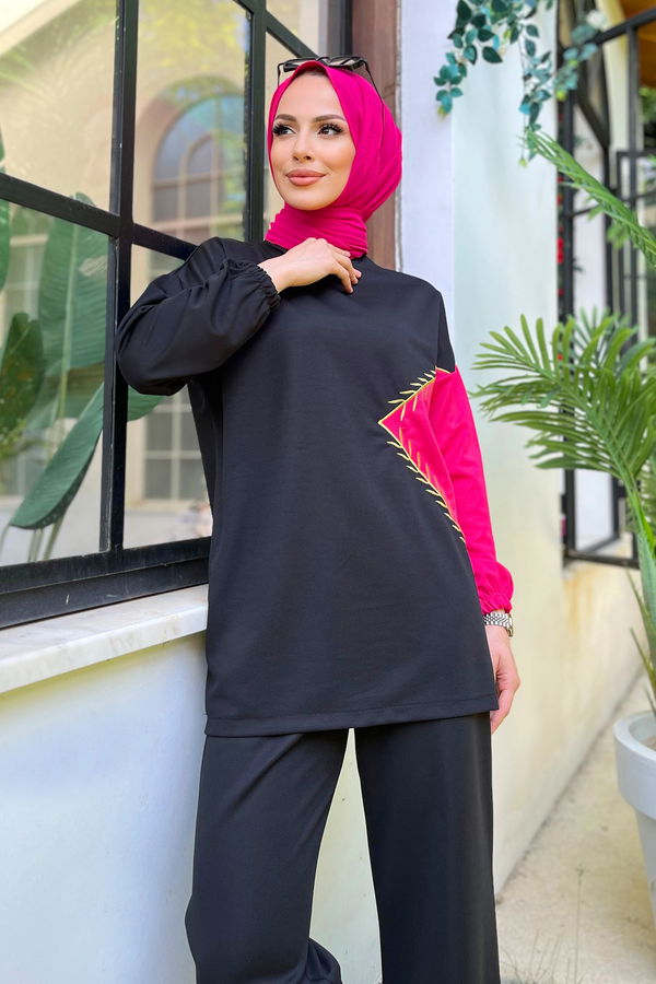 Düz Bisiklet Yaka Kadın Fuşya Tunik+Pantolon - 11480