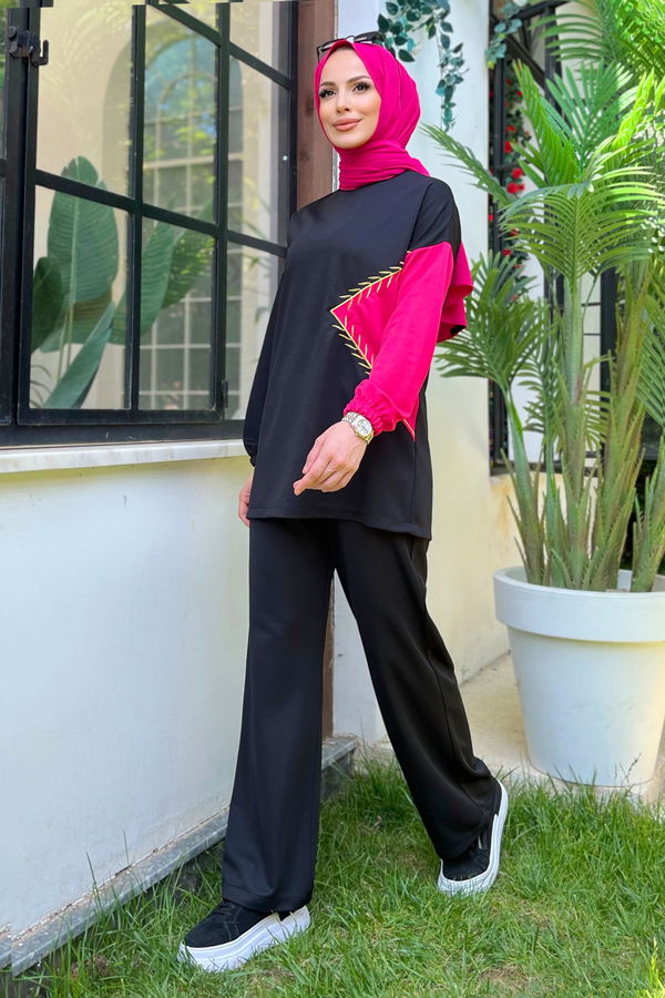 Düz Bisiklet Yaka Kadın Fuşya Tunik+Pantolon - 11480