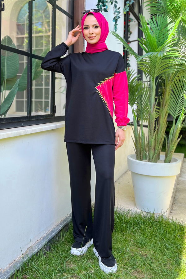 Düz Bisiklet Yaka Kadın Fuşya Tunik+Pantolon - 11480