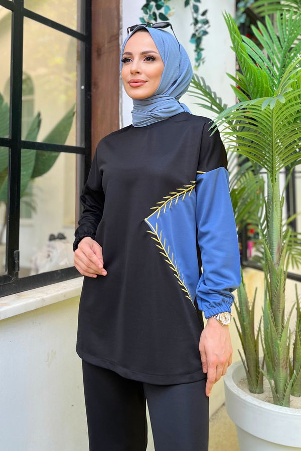 Düz Bisiklet Yaka Kadın Mavi Tunik+Pantolon - 11480 MAVİ