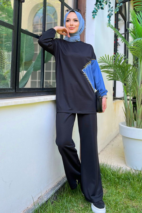 Düz Bisiklet Yaka Kadın Mavi Tunik+Pantolon - 11480 MAVİ