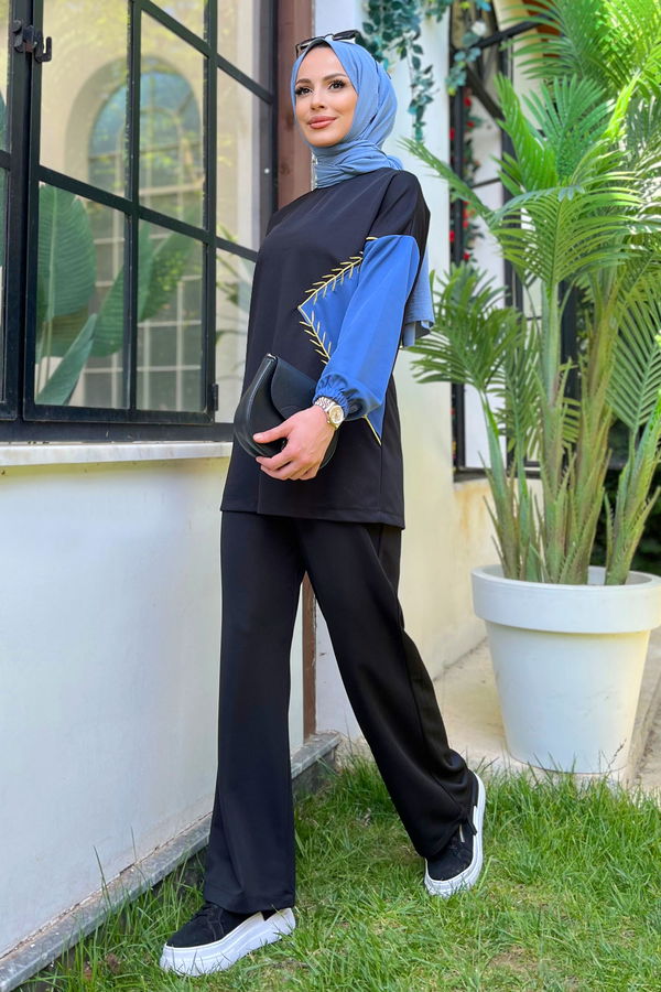 Düz Bisiklet Yaka Kadın Mavi Tunik+Pantolon - 11480 MAVİ