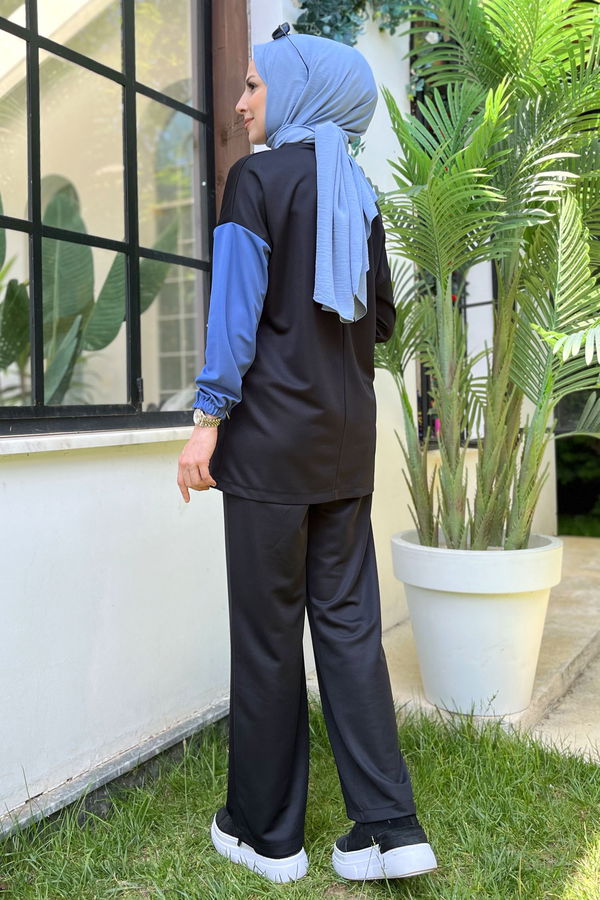 Düz Bisiklet Yaka Kadın Mavi Tunik+Pantolon - 11480 MAVİ