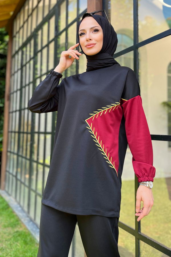 Düz Bisiklet Yaka Kadın Bordo Tunik+Pantolon - 11480
