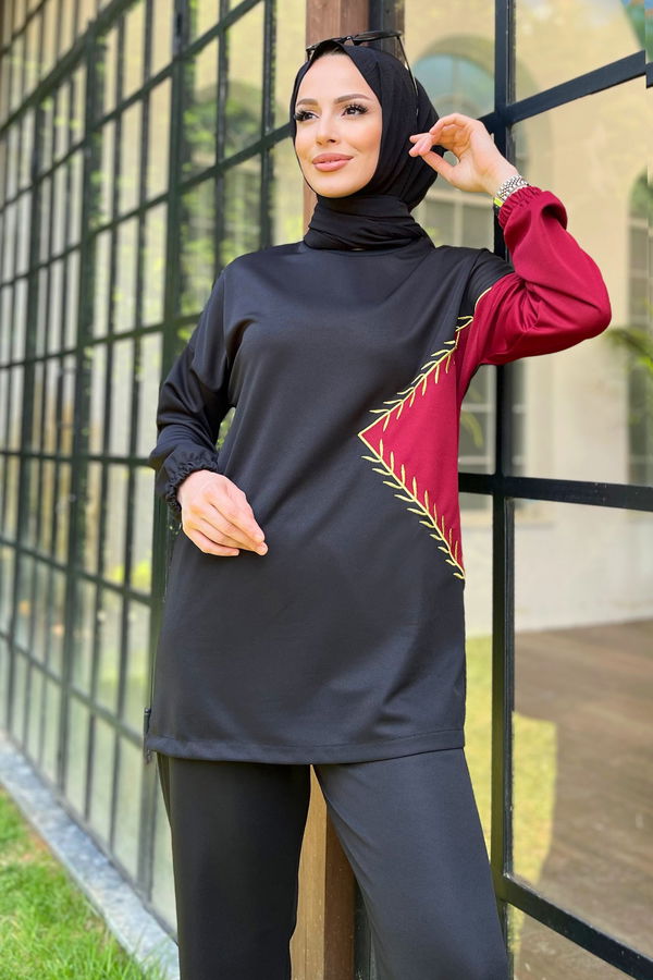 Düz Bisiklet Yaka Kadın Bordo Tunik+Pantolon - 11480
