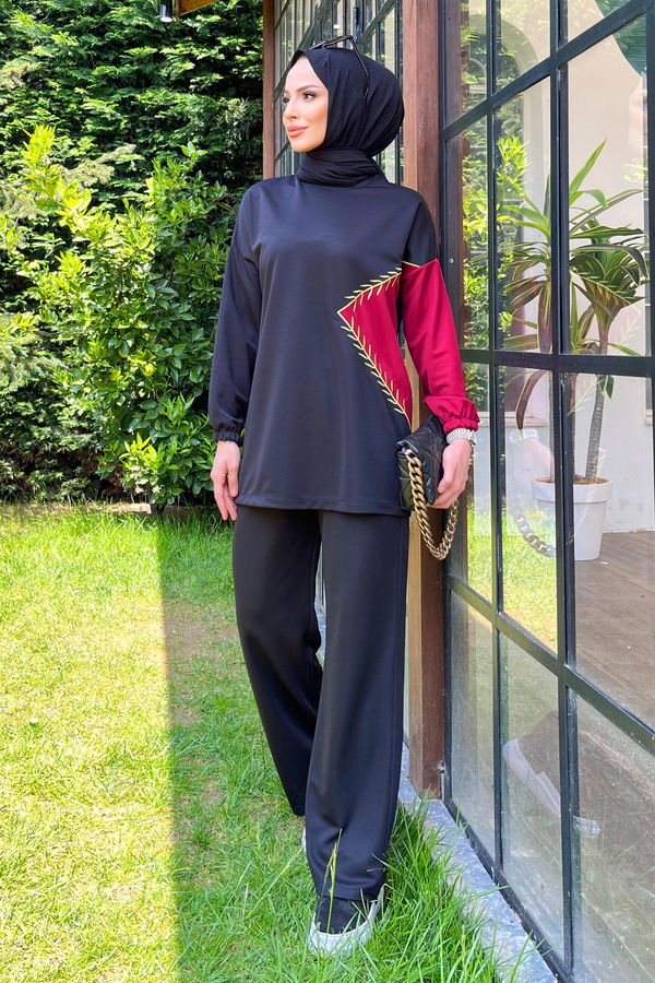 Düz Bisiklet Yaka Kadın Bordo Tunik+Pantolon - 11480
