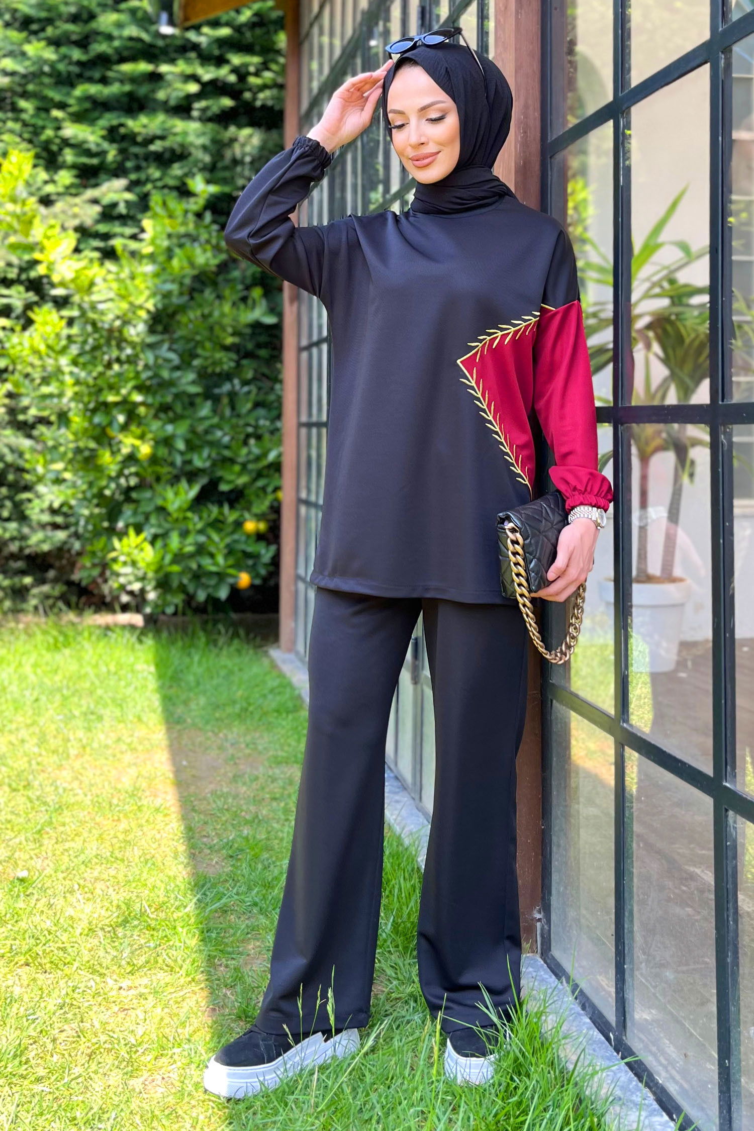 Düz Bisiklet Yaka Kadın Bordo Tunik+Pantolon - 11480