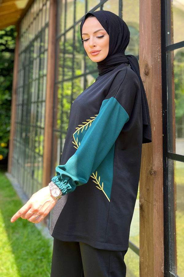 Düz Bisiklet Yaka Kadın Yeşil Tunik+Pantolon - 11480