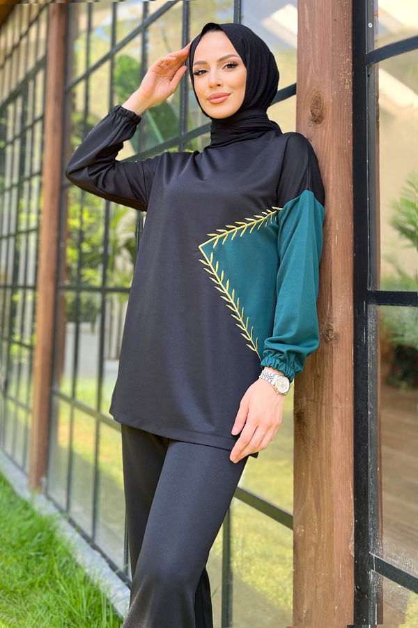 Düz Bisiklet Yaka Kadın Yeşil Tunik+Pantolon - 11480