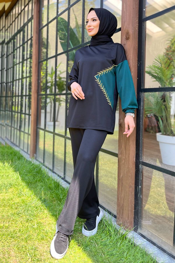 Düz Bisiklet Yaka Kadın Yeşil Tunik+Pantolon - 11480