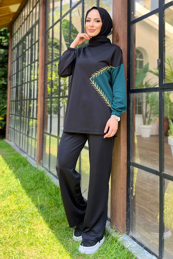 Düz Bisiklet Yaka Kadın Yeşil Tunik+Pantolon - 11480