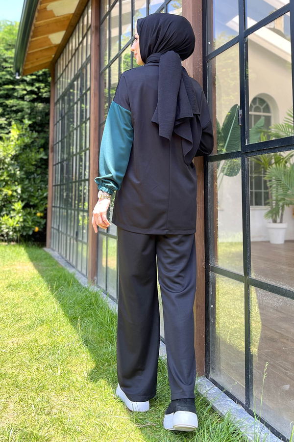 Düz Bisiklet Yaka Kadın Yeşil Tunik+Pantolon - 11480
