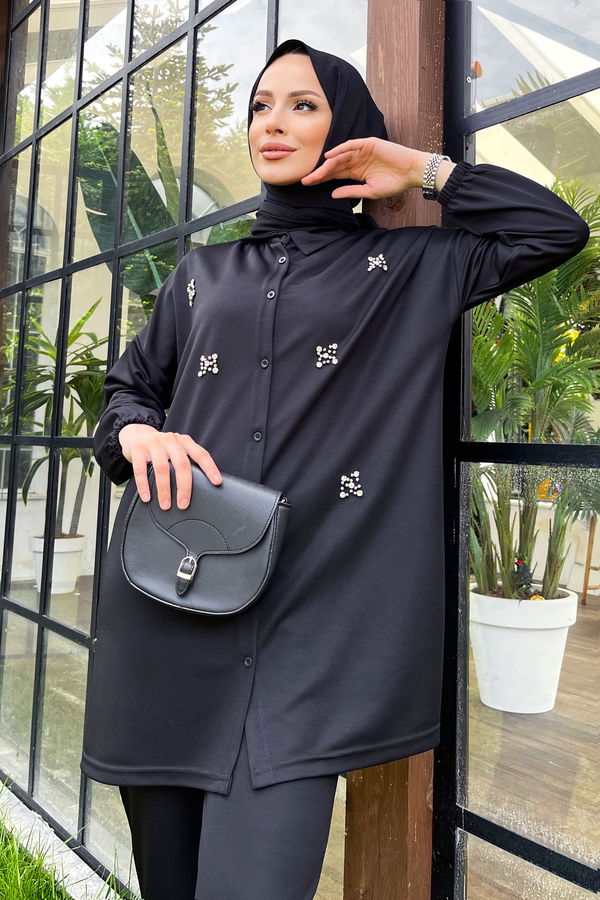 Düz Gömlek Yaka Kadın Siyah Tunik+Pantolon - 11541