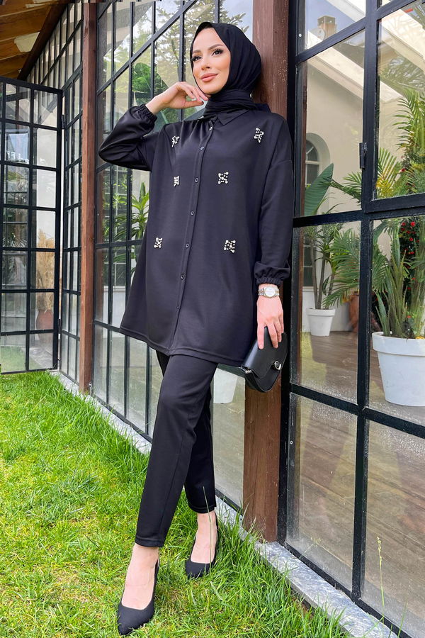 Düz Gömlek Yaka Kadın Siyah Tunik+Pantolon - 11541