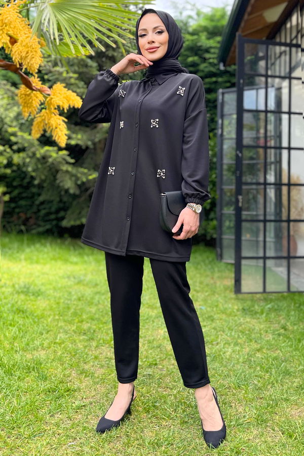 Düz Gömlek Yaka Kadın Siyah Tunik+Pantolon - 11541