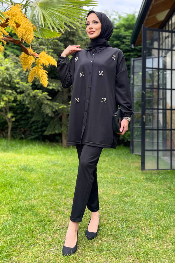 Düz Gömlek Yaka Kadın Siyah Tunik+Pantolon - 11541