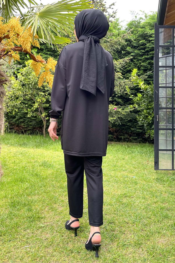 Düz Gömlek Yaka Kadın Siyah Tunik+Pantolon - 11541