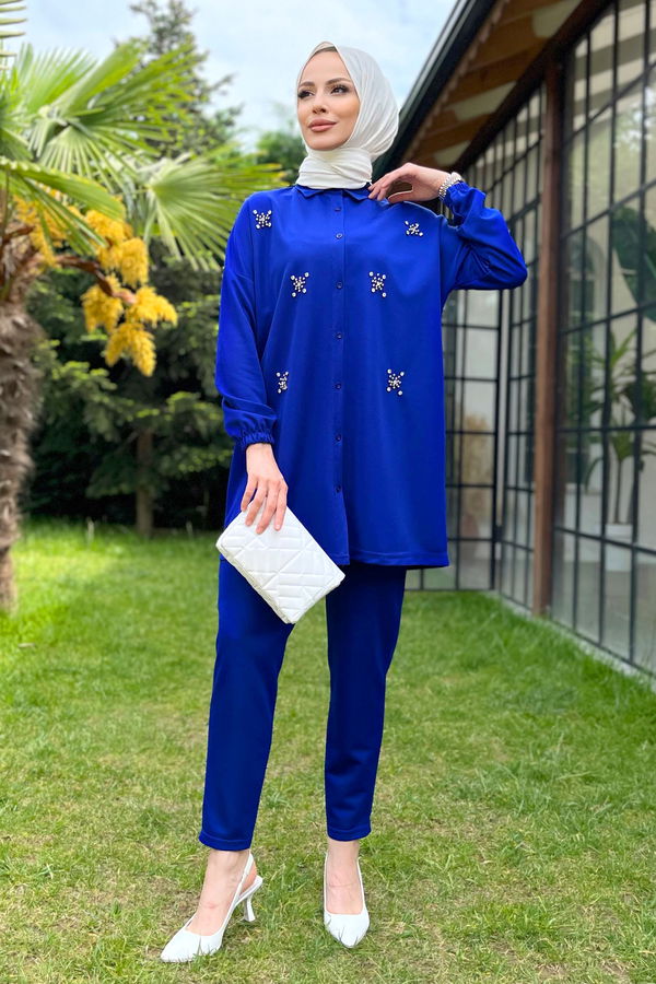 Düz Gömlek Yaka Kadın Mavi Tunik+Pantolon - 11541