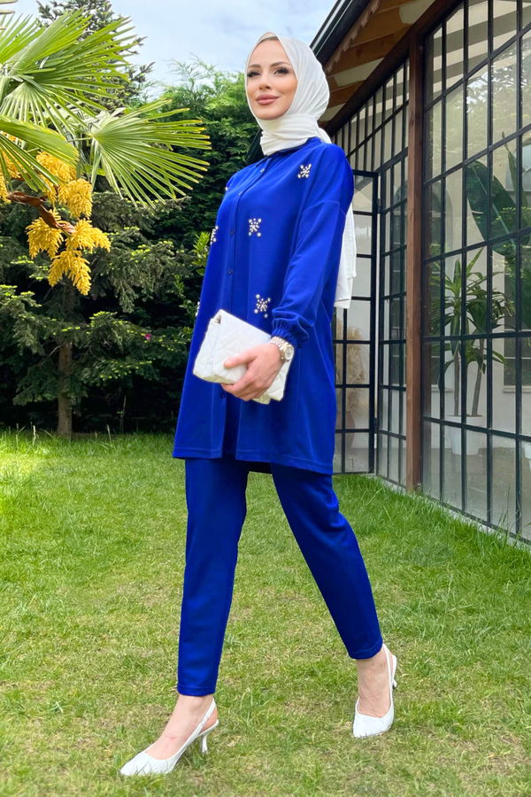 Düz Gömlek Yaka Kadın Mavi Tunik+Pantolon - 11541