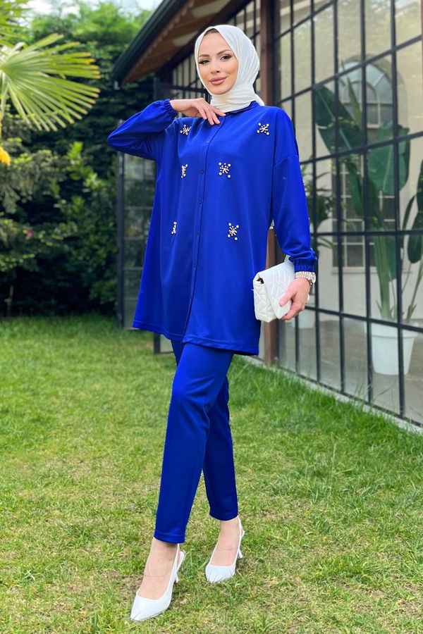 Düz Gömlek Yaka Kadın Mavi Tunik+Pantolon - 11541