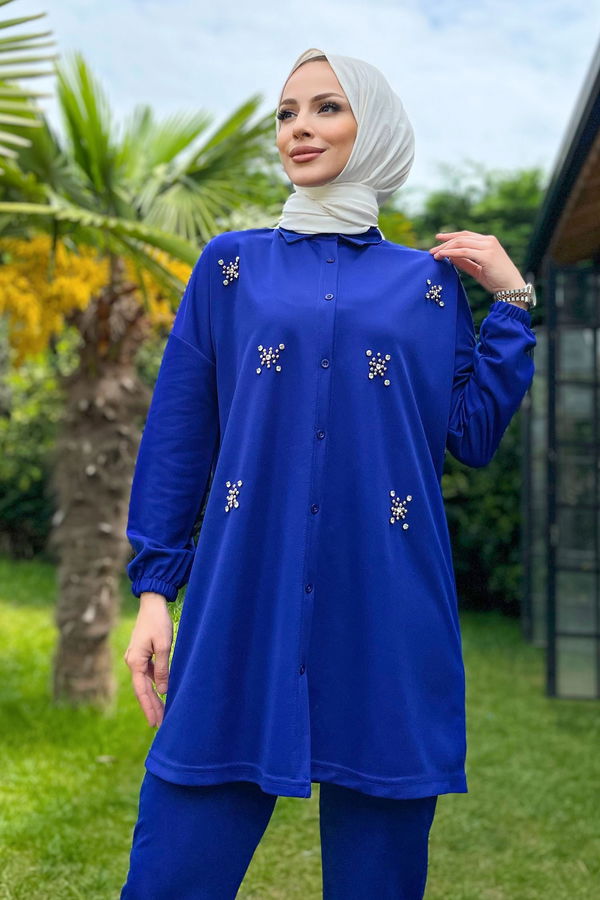 Düz Gömlek Yaka Kadın Mavi Tunik+Pantolon - 11541