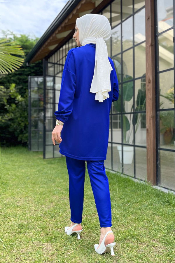 Düz Gömlek Yaka Kadın Mavi Tunik+Pantolon - 11541