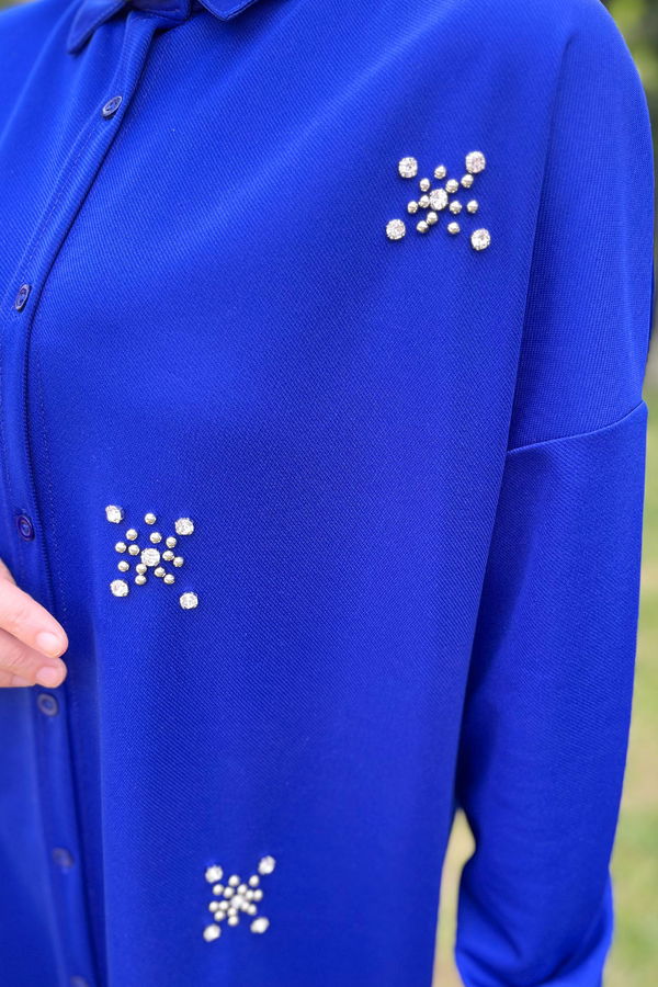 Düz Gömlek Yaka Kadın Mavi Tunik+Pantolon - 11541