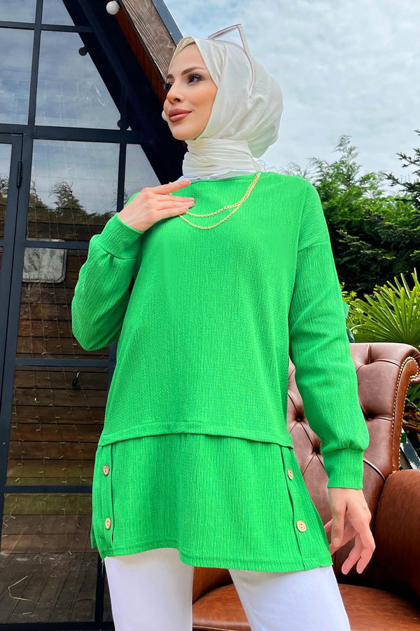 Düz Bisiklet Yaka Kadın Yeşil Tunik - 11571