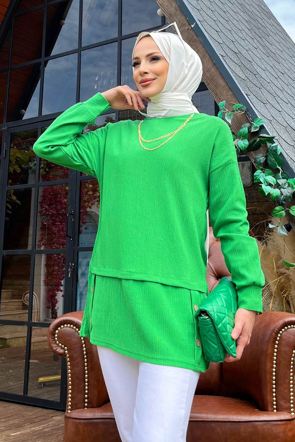 Düz Bisiklet Yaka Kadın Yeşil Tunik - 11571