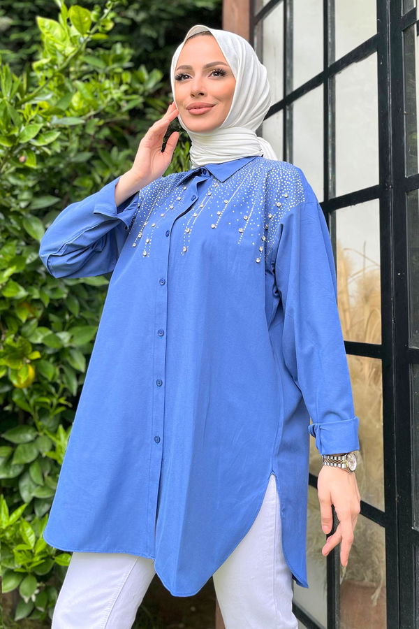 Düz Gömlek Yaka Kadın Mavi Tunik - 22562