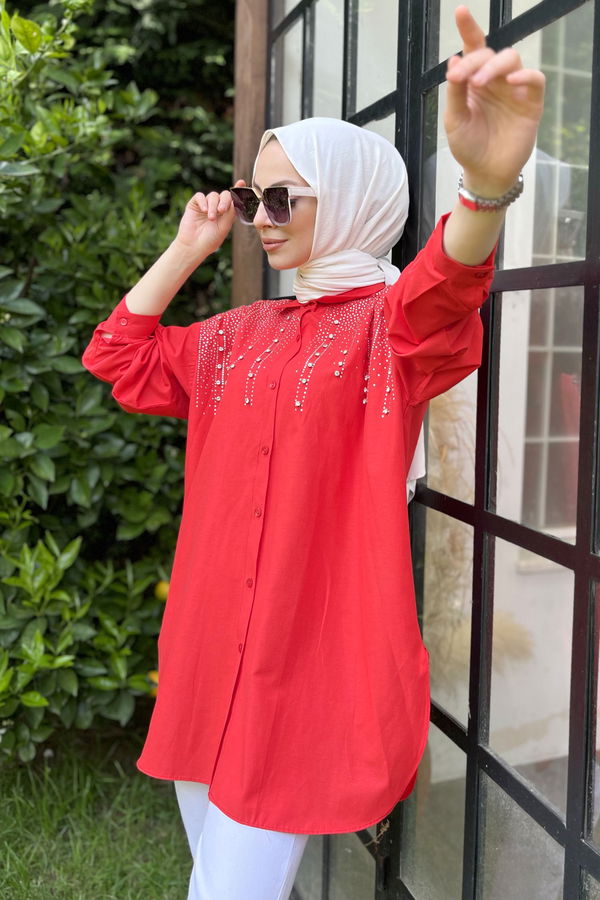 Düz Gömlek Yaka Kadın Kırmızı Tunik - 22562